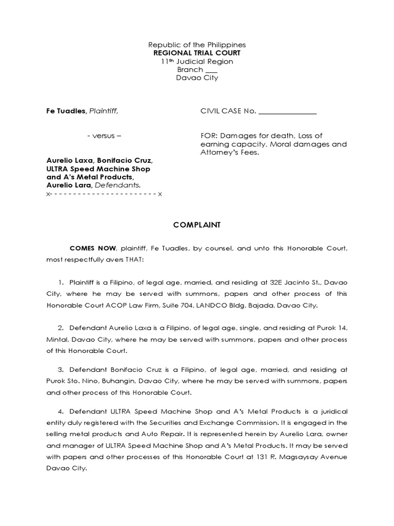 Sample Civil Complaint For Damages | PDF | Summons | Lawsuit