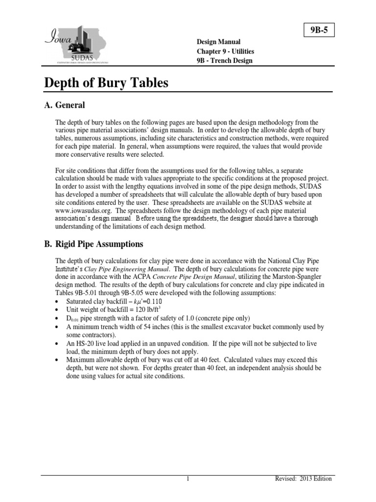 Depth of Bury Pipe Table PDF Pipe (Fluid Conveyance) Spreadsheet