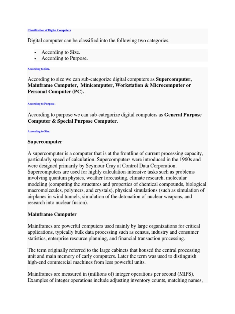 Digital Computer Classification Types | PDF | Workstation | Microcomputers