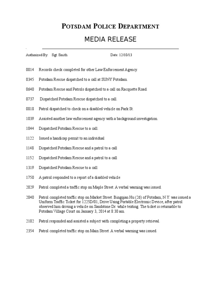 Potsdam Police Department Blotter Dec. 10, 2013 PDF