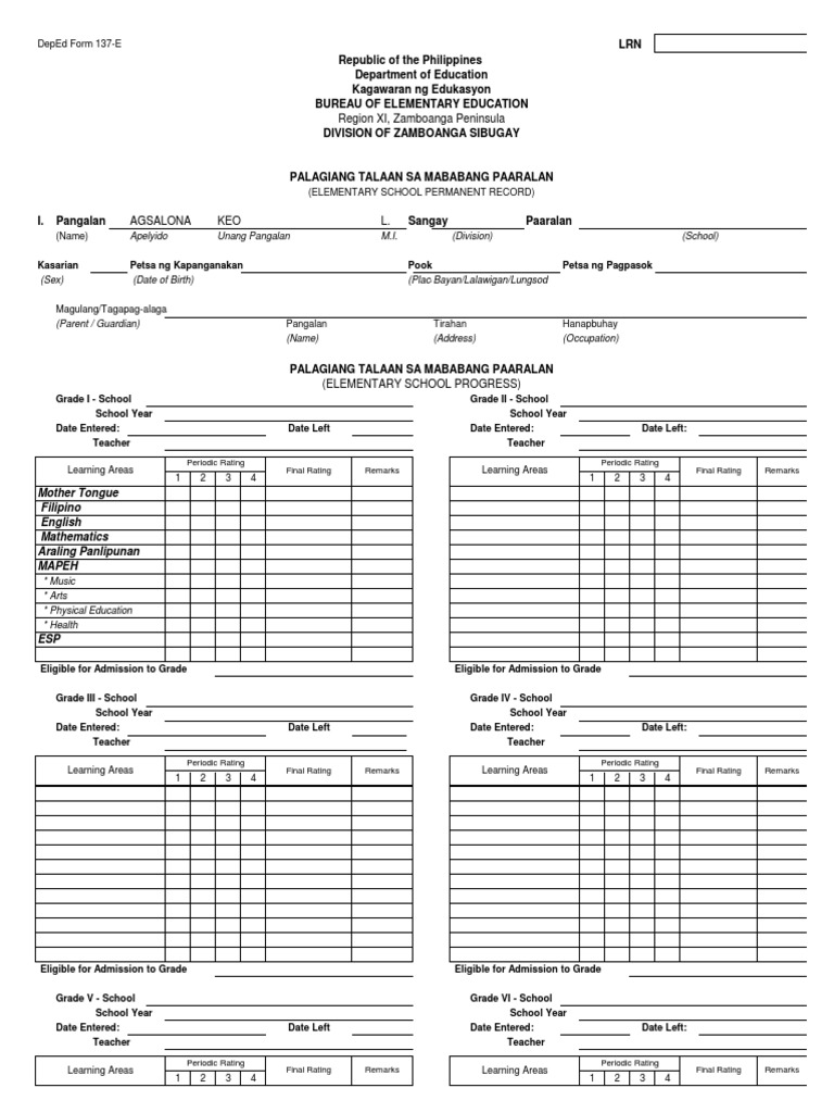 Deped Form 137 E 1 Pdf Philippines Further Education