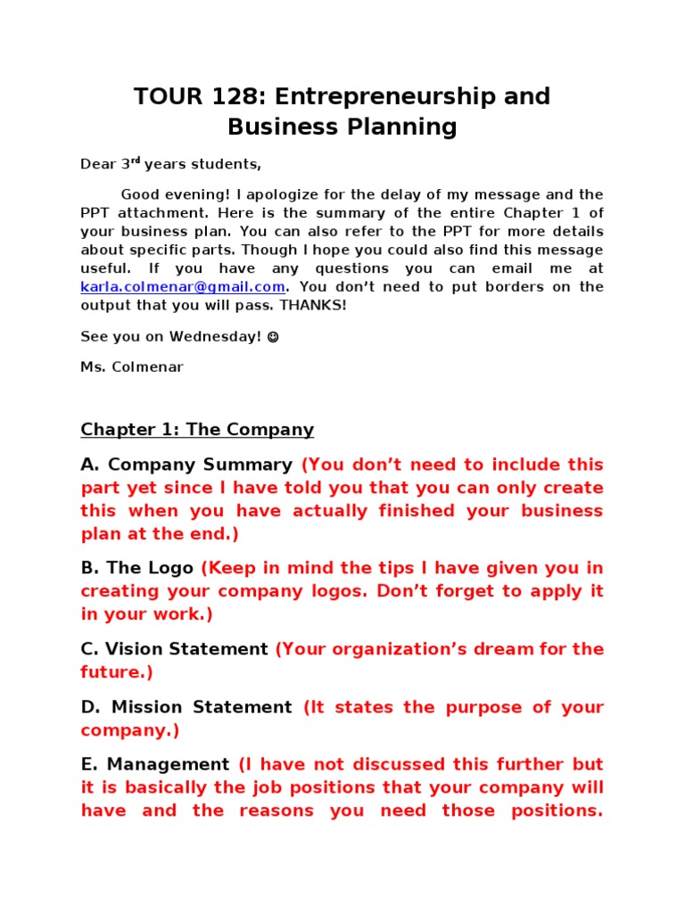 business plan sample chapter 1