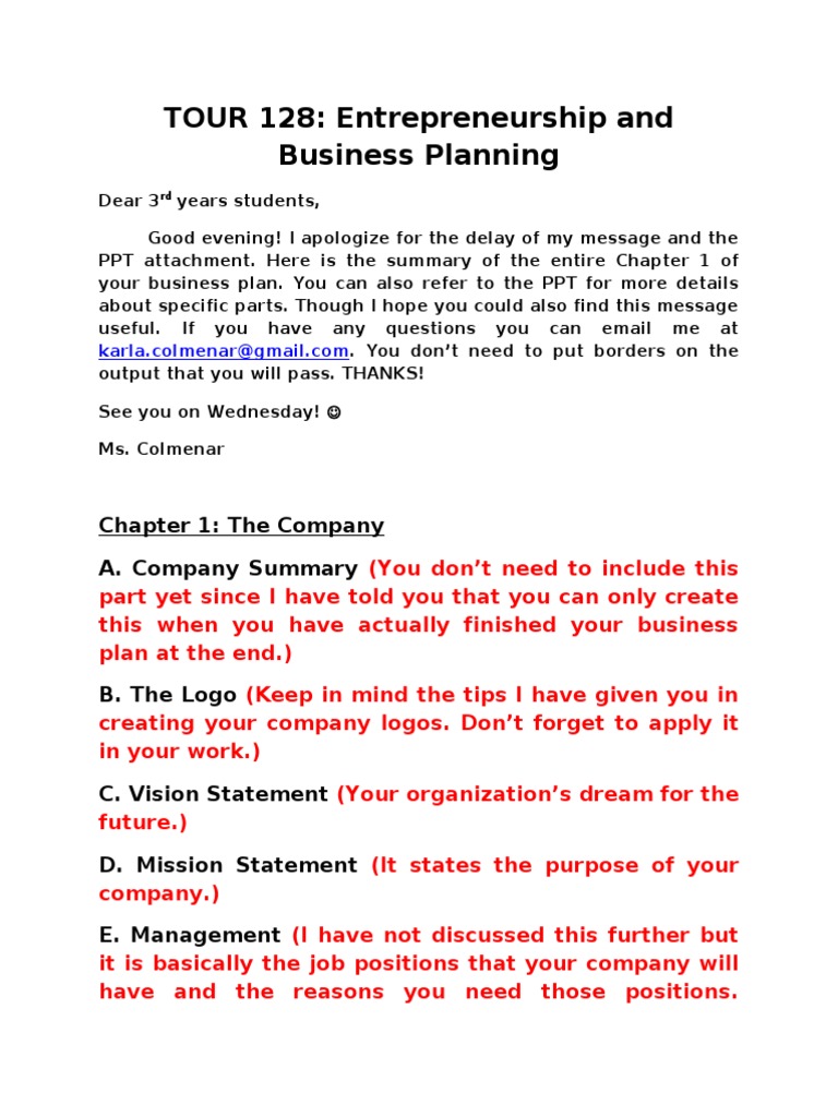 sample of business plan chapter one