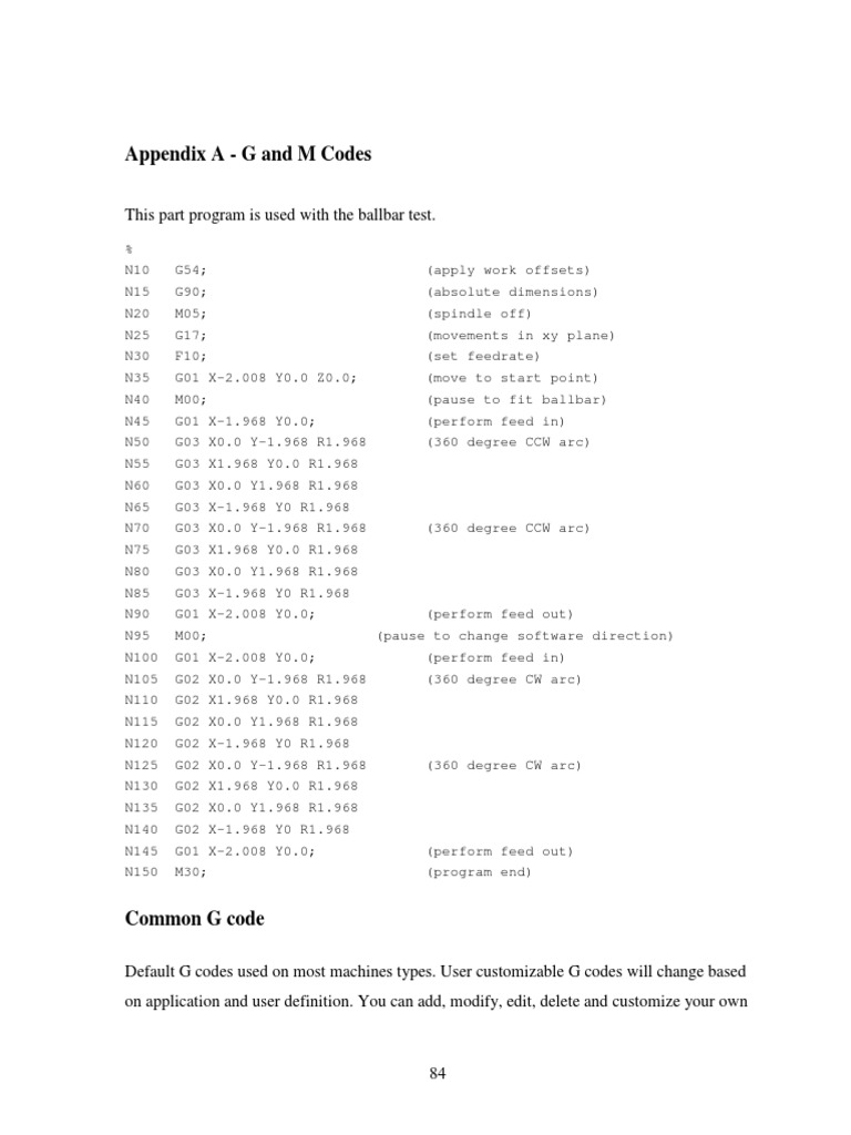 Appendix A G and M Codes This Part Program Is Used With The Ballbar Test PDF Belt
