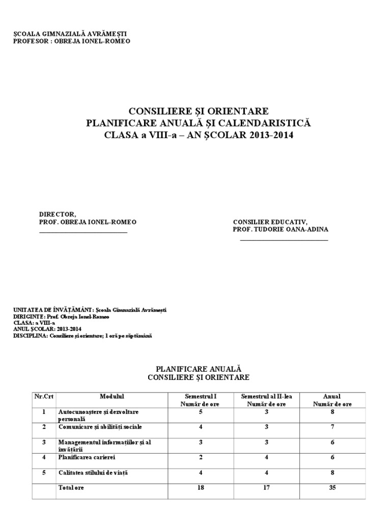 Planificare Consiliere È™i Orientare Cls A Viii A