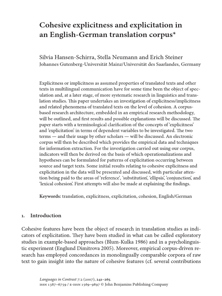Cohesive Explicitness and Explicitation in An English-German ...