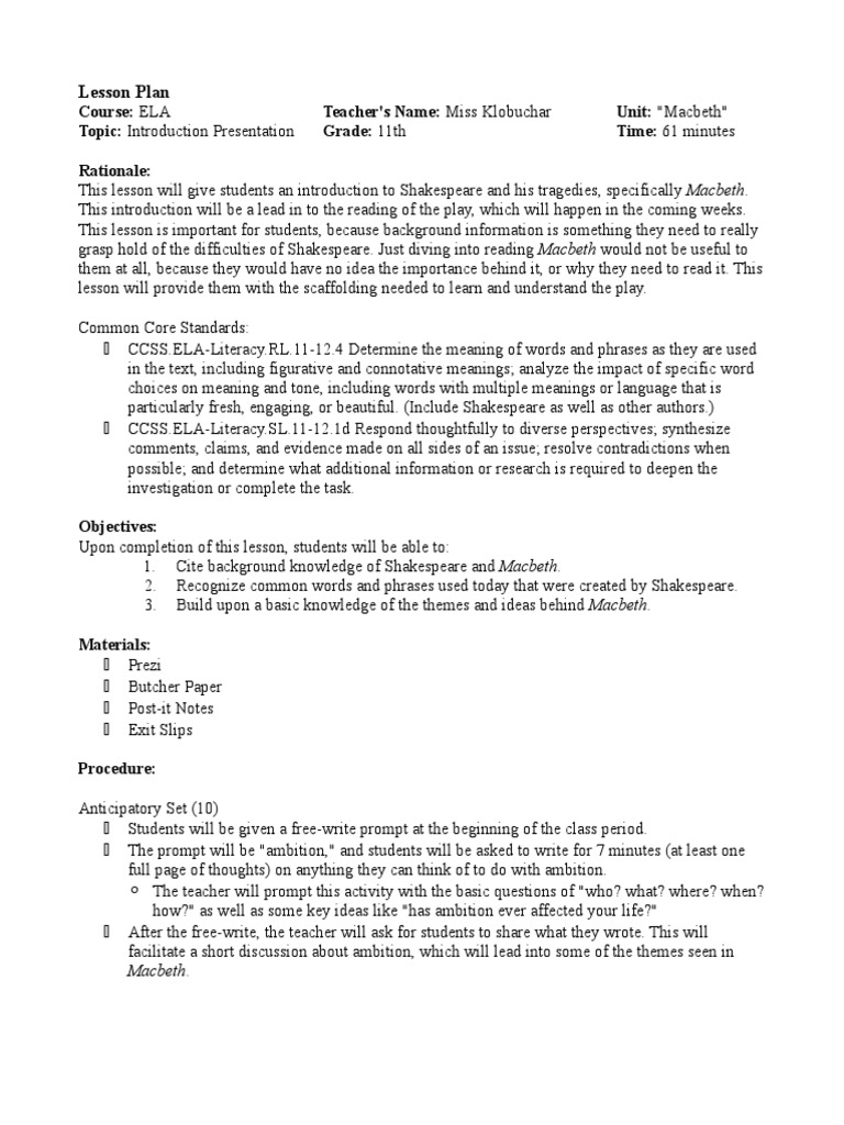 Introduction to Macbeth for ELA 11 | PDF | Cognition | Pedagogy