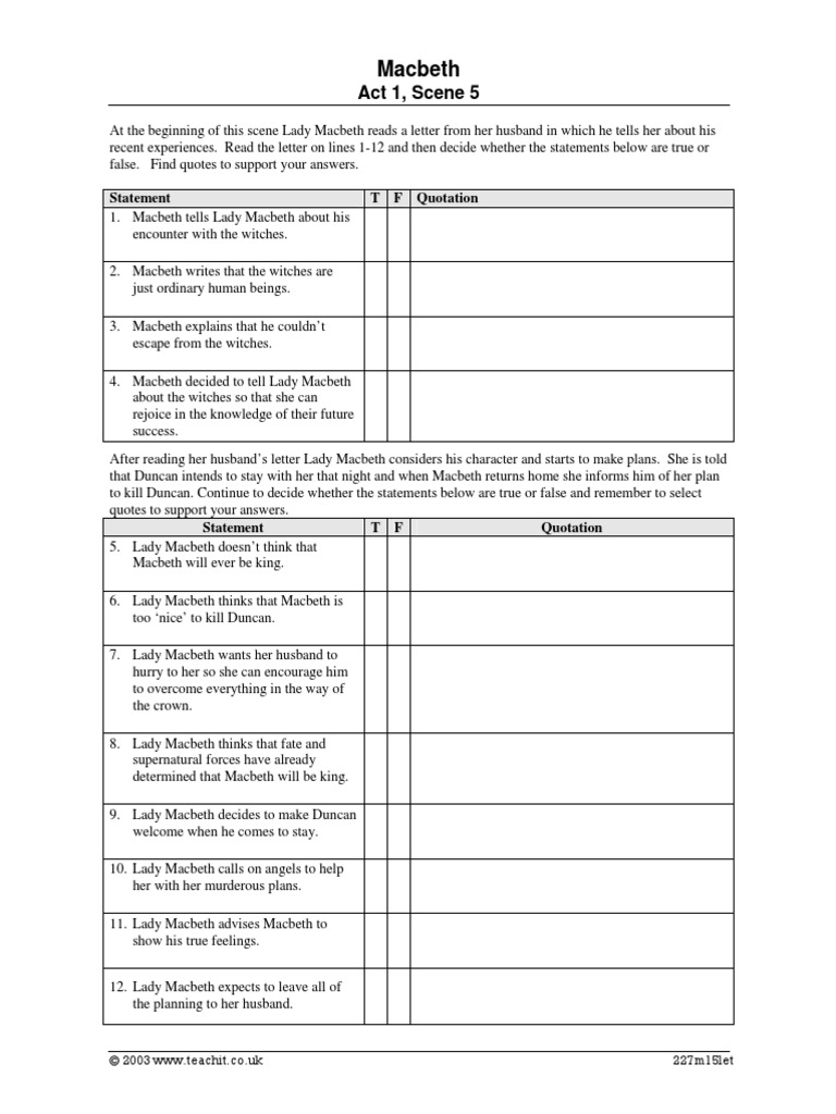 Macbeth Worksheet Macbeth