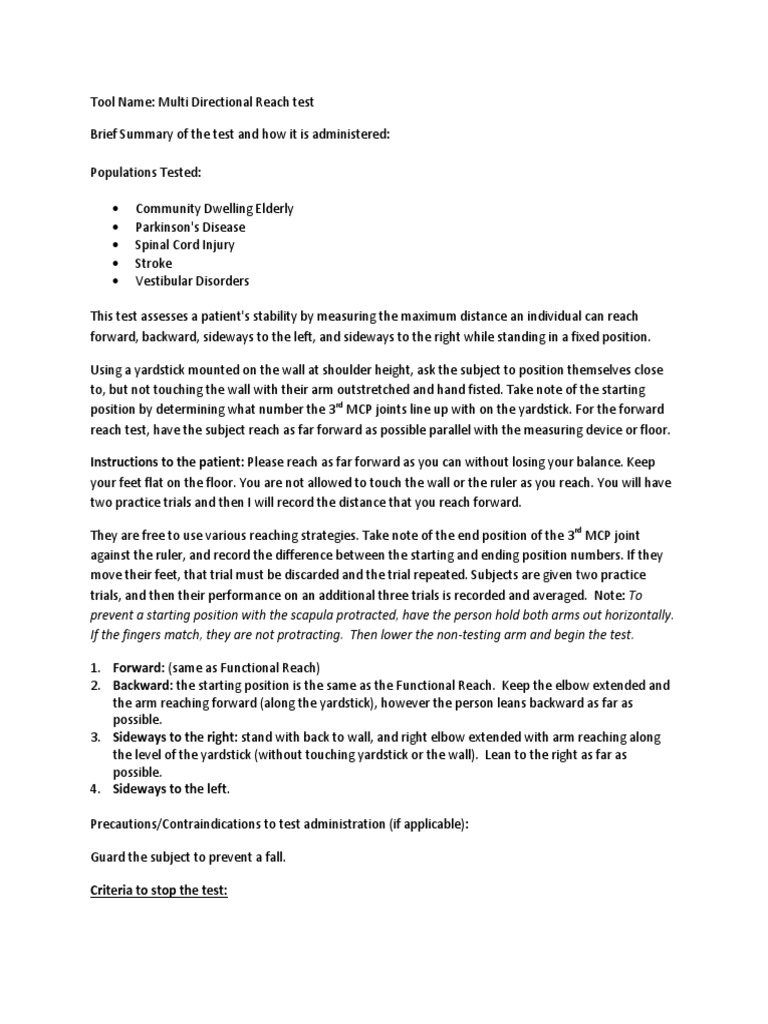 Multidirectional Reach Test PDF Medicine Clinical Medicine