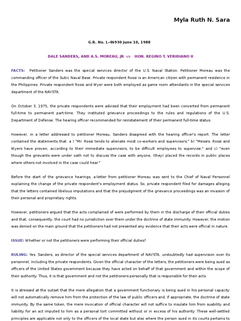Sanders v. Veridiano Case Summary | PDF | Lawsuit | Damages