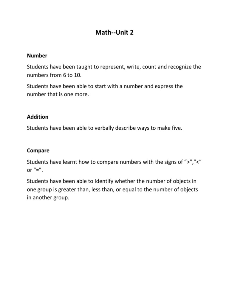 Math Unit 2: Numbers and Addition Skills | PDF