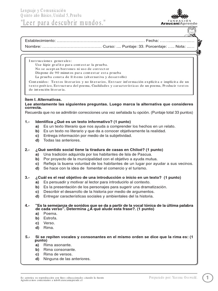 Prueba de Lenguaje y Comunicación 5° Básico | PDF