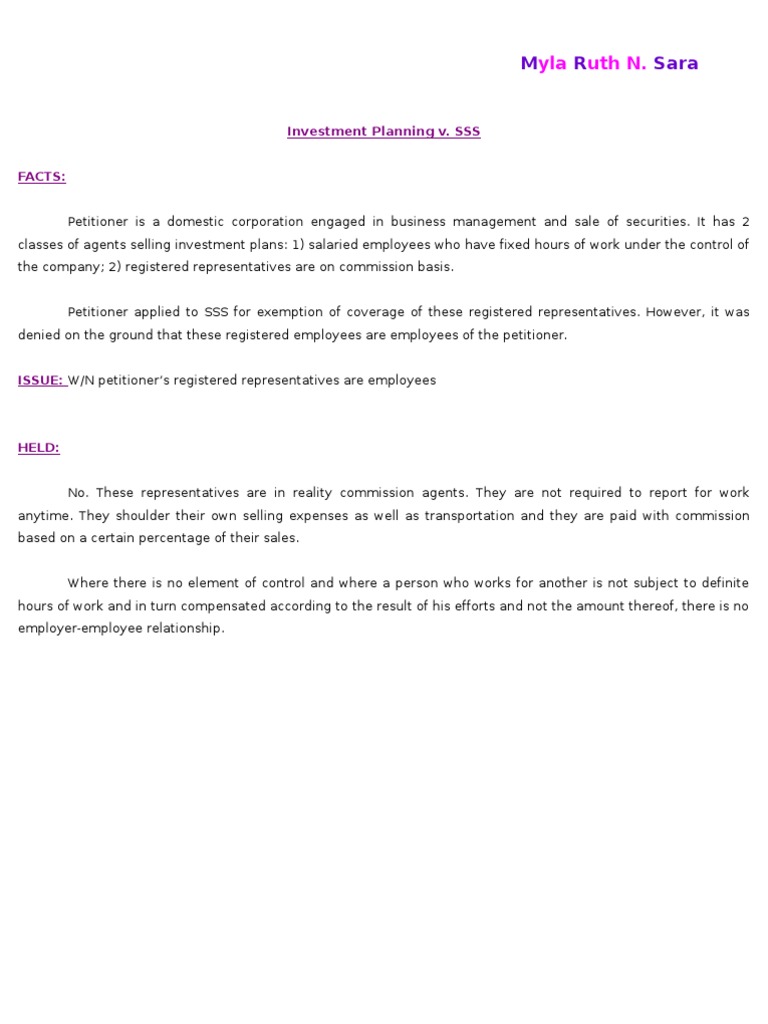 Investment Planning vs. SSS Case Digest PDF