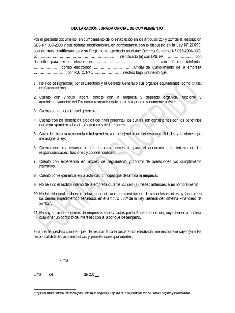 Declaración Jurada de Cumplimiento Oficial | PDF | Finanzas y dinero