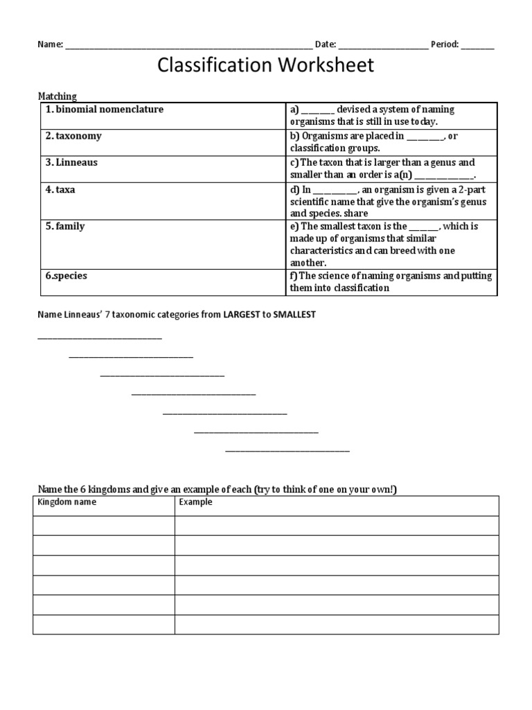 Taxonomy and Classification Worksheet | PDF | Genus | Taxonomy (Biology), image size:768x1024