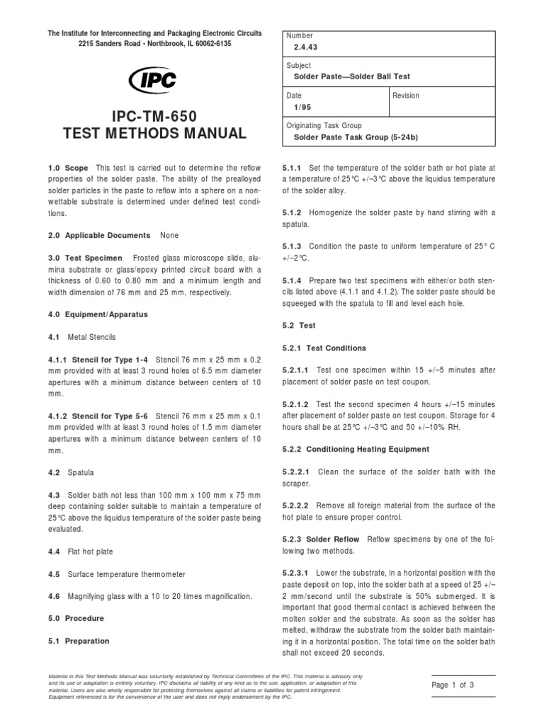 IPC TM 650 Solder Ball Test PDF Solder Manmade Materials
