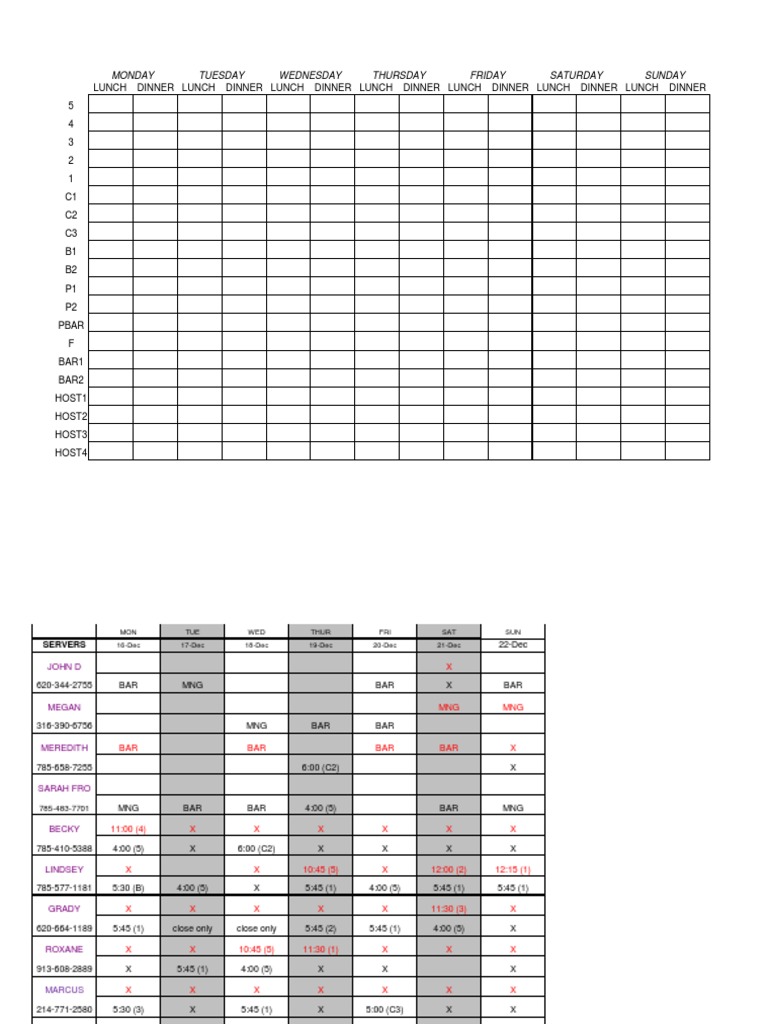 Weekly Dining Schedule and Staff Roster | PDF