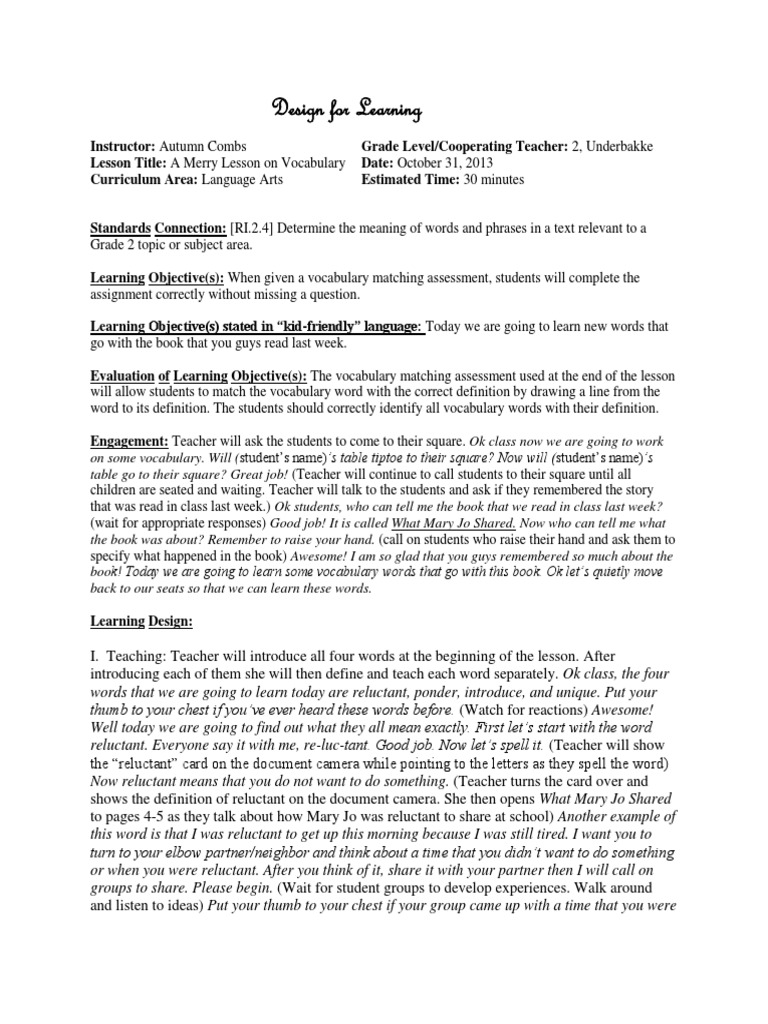 Vocabulary Lesson Plan for Grade 2 | PDF | Educational Assessment ...
