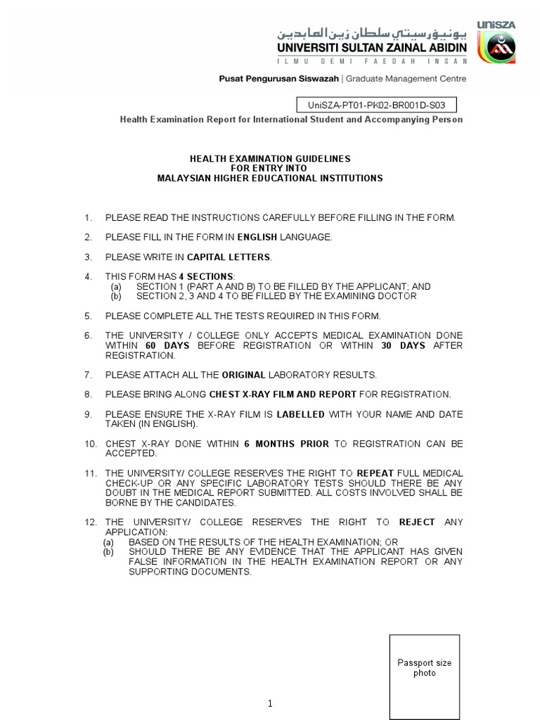 Health Exam Report for Malaysian Students | PDF
