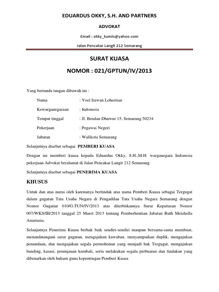 Contoh Surat Kuasa Tergugat Simak Gambar Berikut