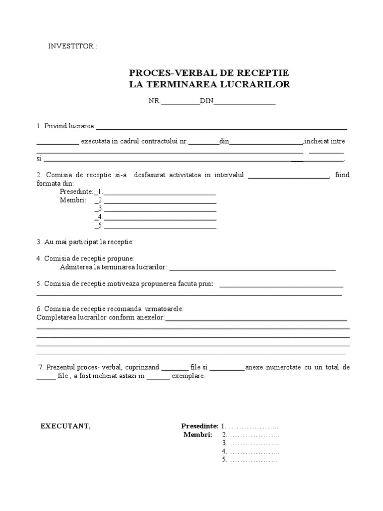 Proces Verbal De Receptie La Terminarea Lucrarilor