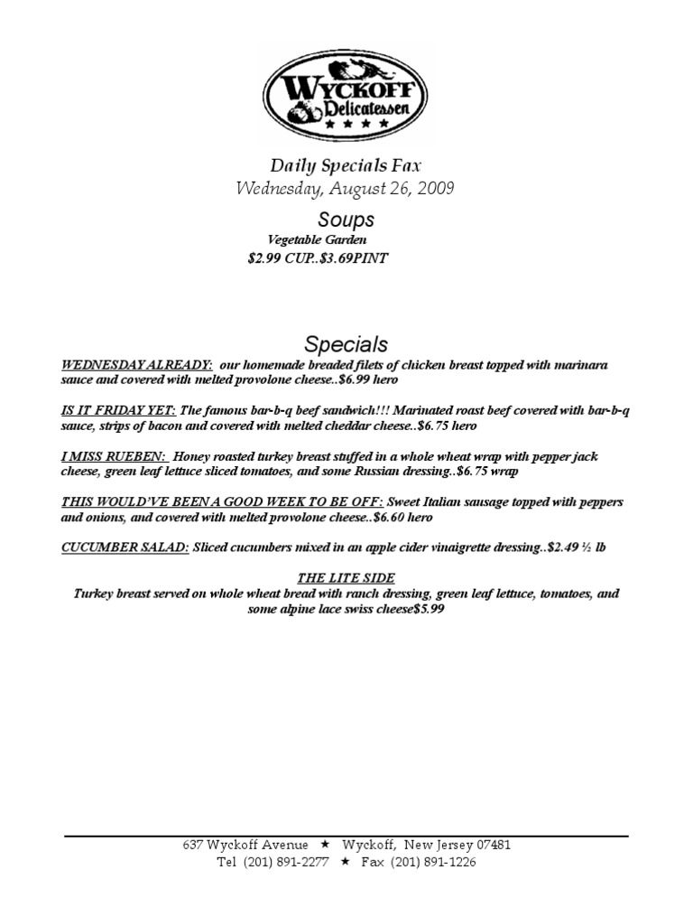 Wednesday Daily Specials Menu | PDF