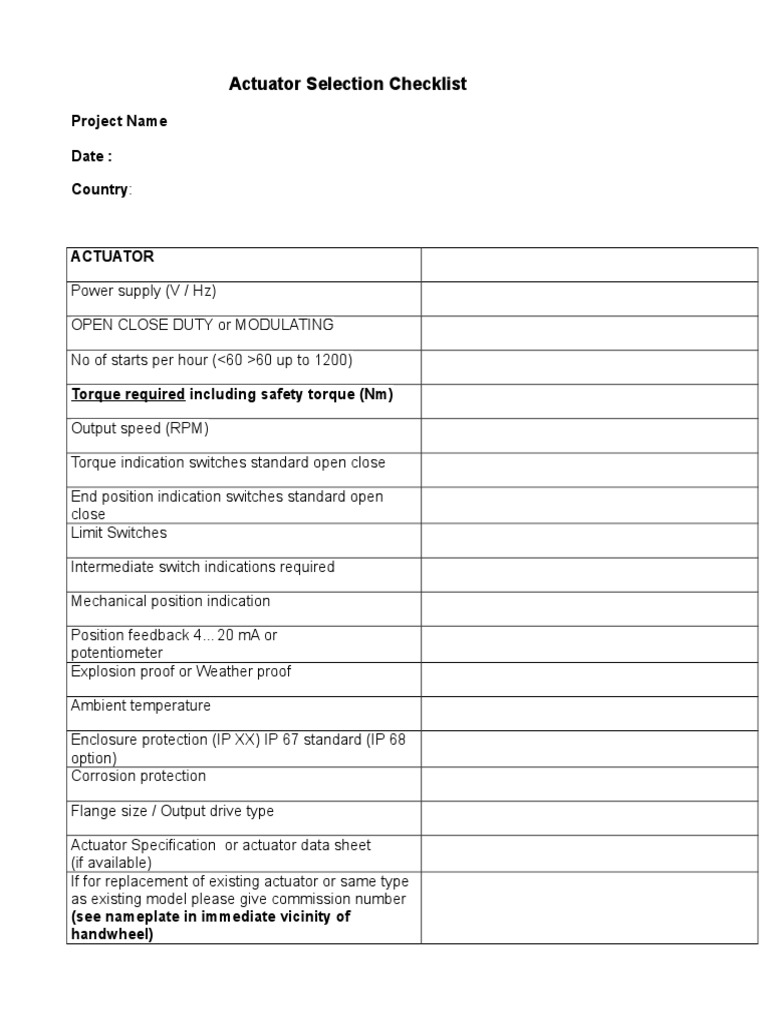 Valve Actuator Checklist