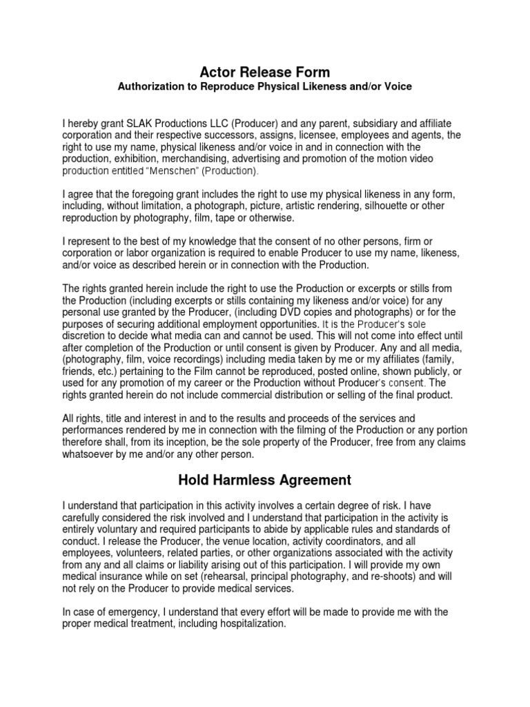 Actor Release Form PDF