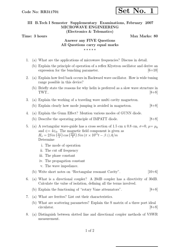 Rr311701 Microwave Engineering PDF Microwave Waveguide
