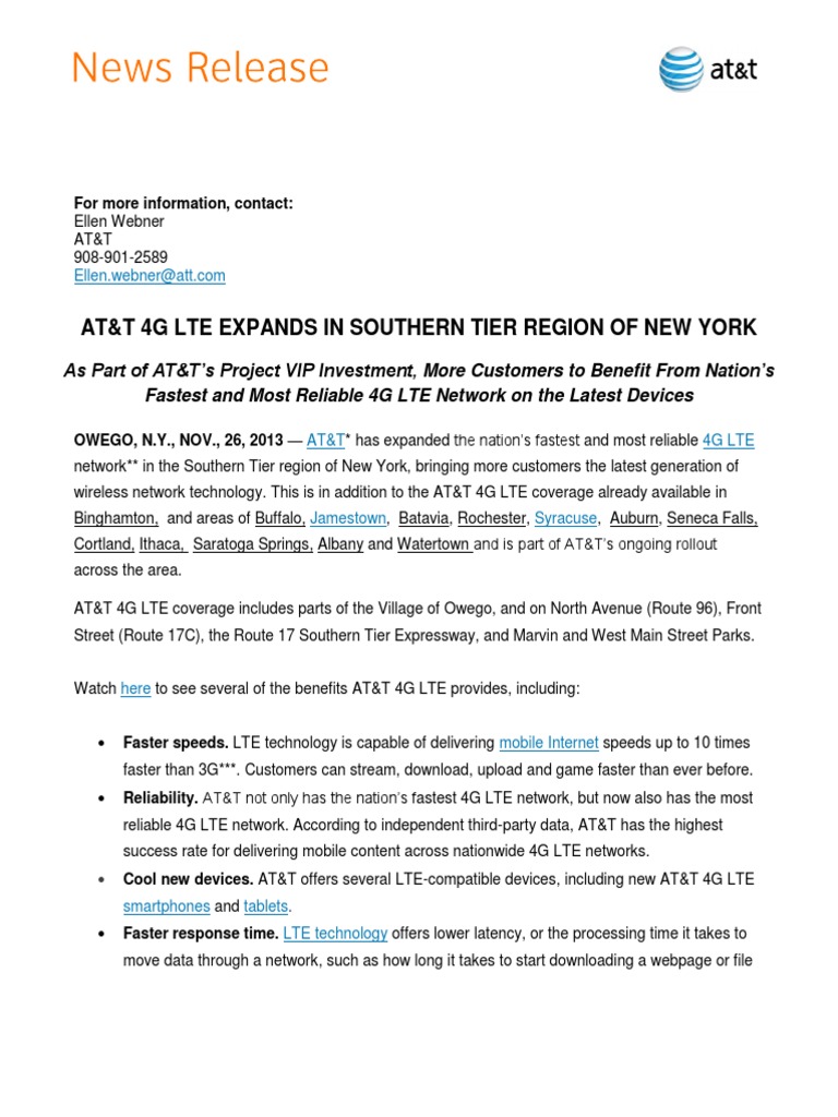 AT&T Expands 4G LTE in Southern Tier | PDF | 4 G | At&T Mobility