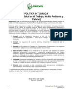 POLITICA INTEGRADA (Seguridad y Salud en El Trabajo, Medio Ambiente y Calidad (Version 01)