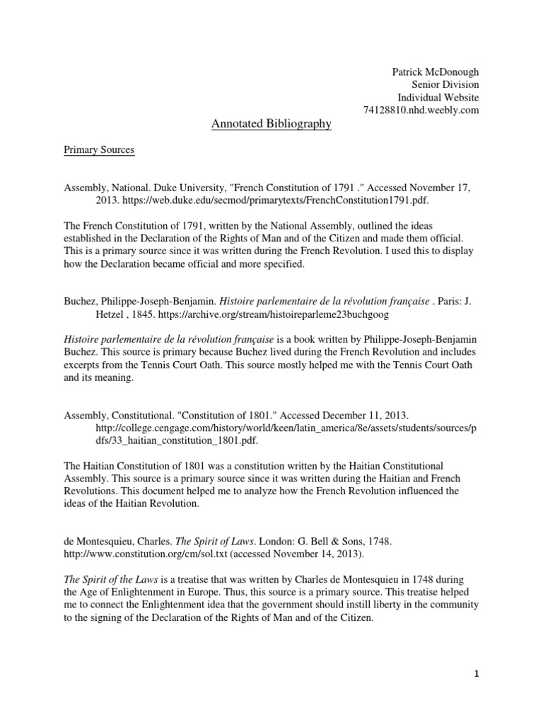 History Fair Annotated 20132014 Bibliography PDF French Revolution