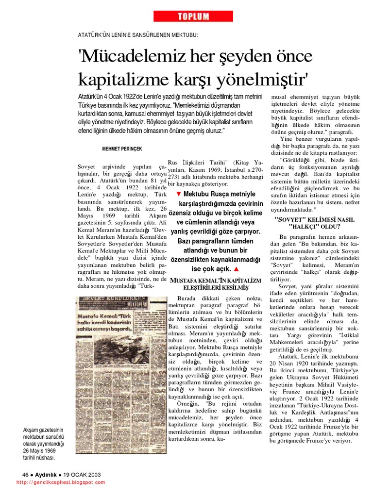 Ataturk Un Lenin E Gonderdigi Sansurlenen Mektubu