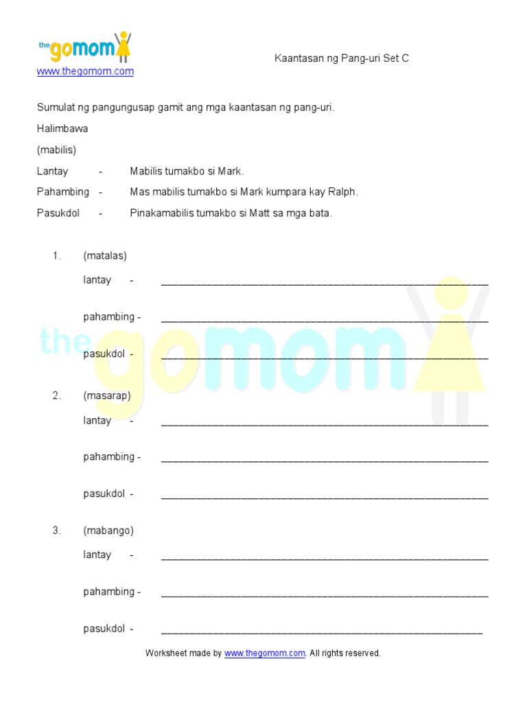 Pang Uri Kaantasan Ng Pang Uri Worksheet Set C