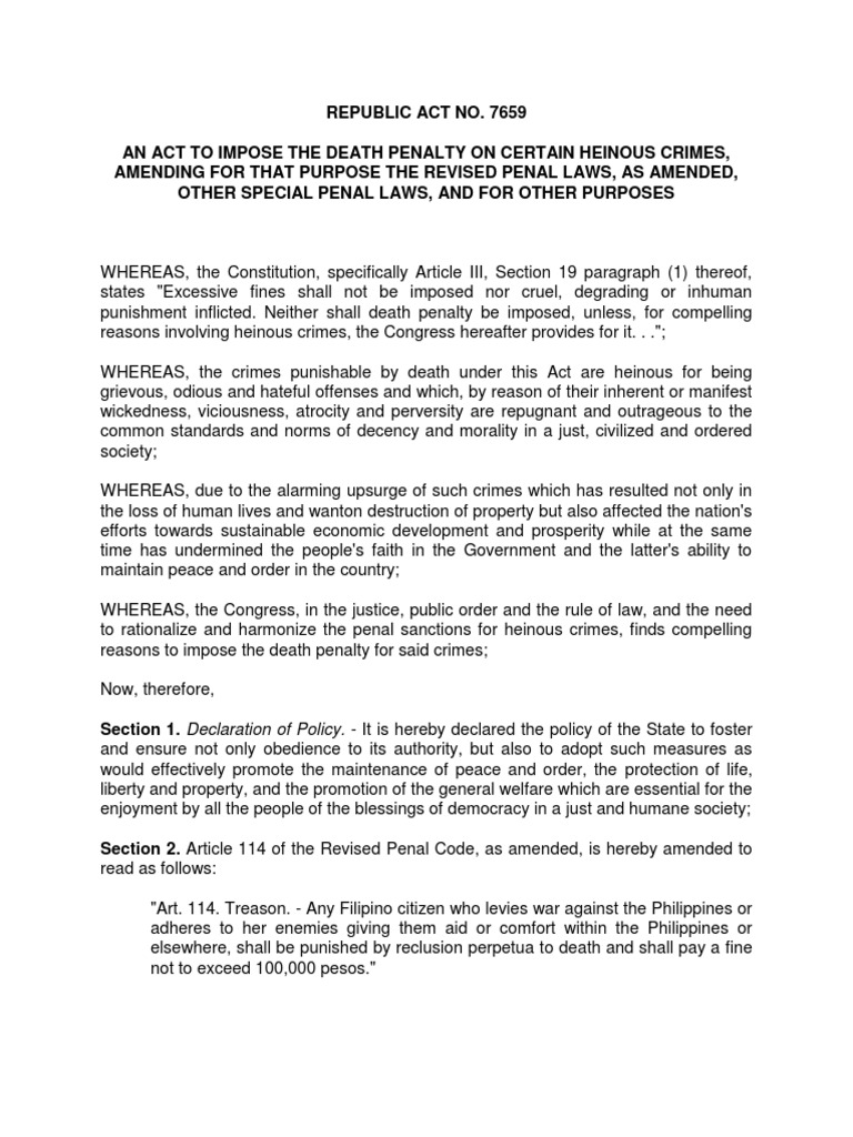 Death Penalty for Heinous Crimes RA 7659 | PDF