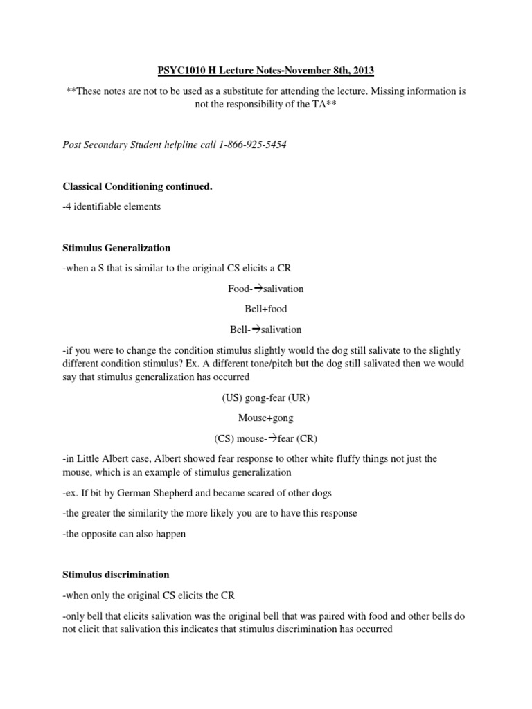 LECTURE 7 NOTES-Nov 8th Classical and Operant Conditioning | PDF ...