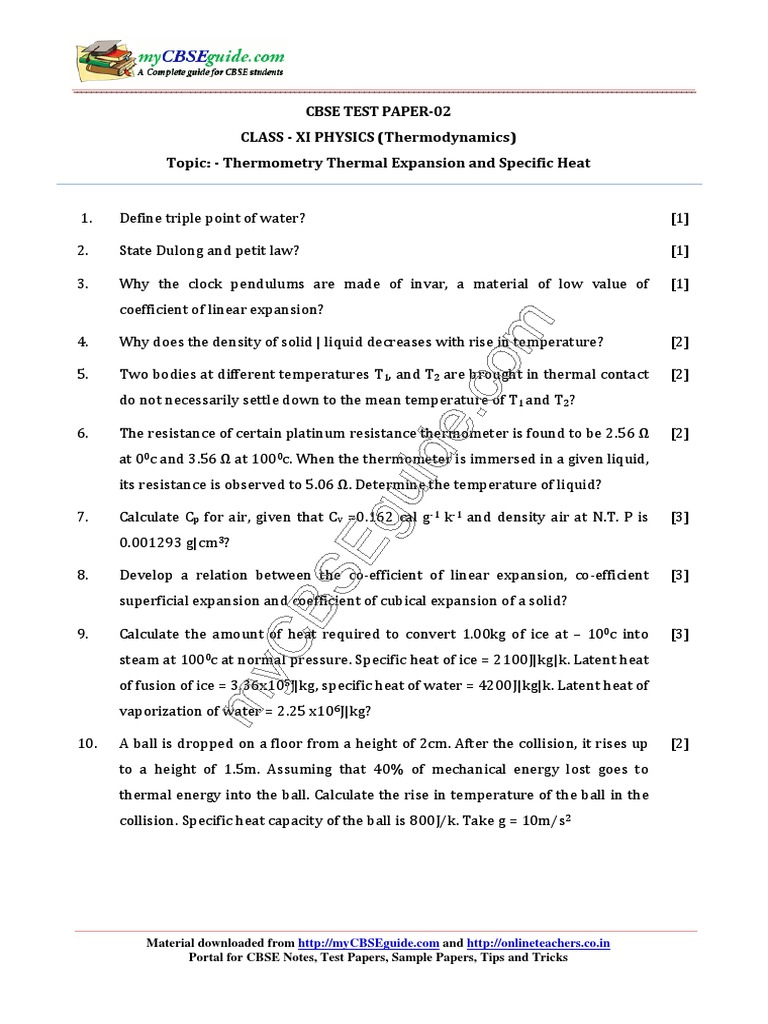 Class 11 Physics: Thermodynamics Test Paper | PDF | Science & Mathematics