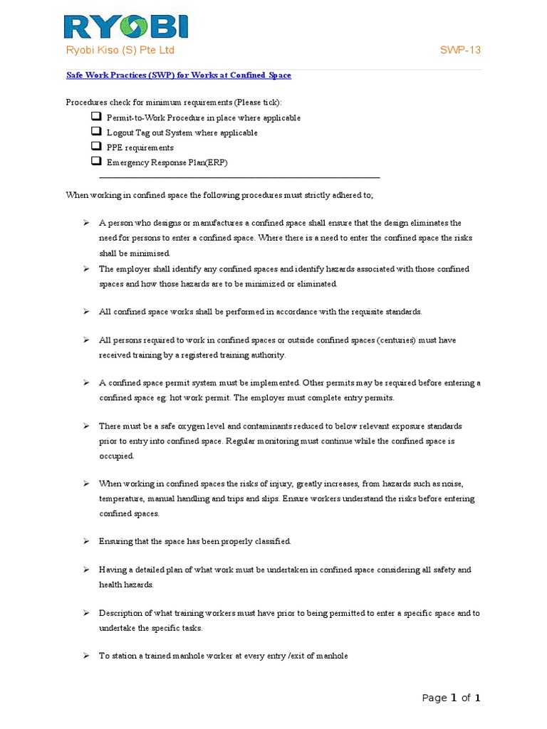 SWP-13 Confined Space Daiman | PDF | Labor Relations | Safety