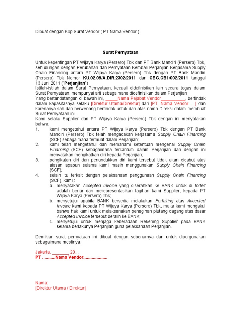Surat Pernyataan Supplier Scf Diisi Oleh Supplier