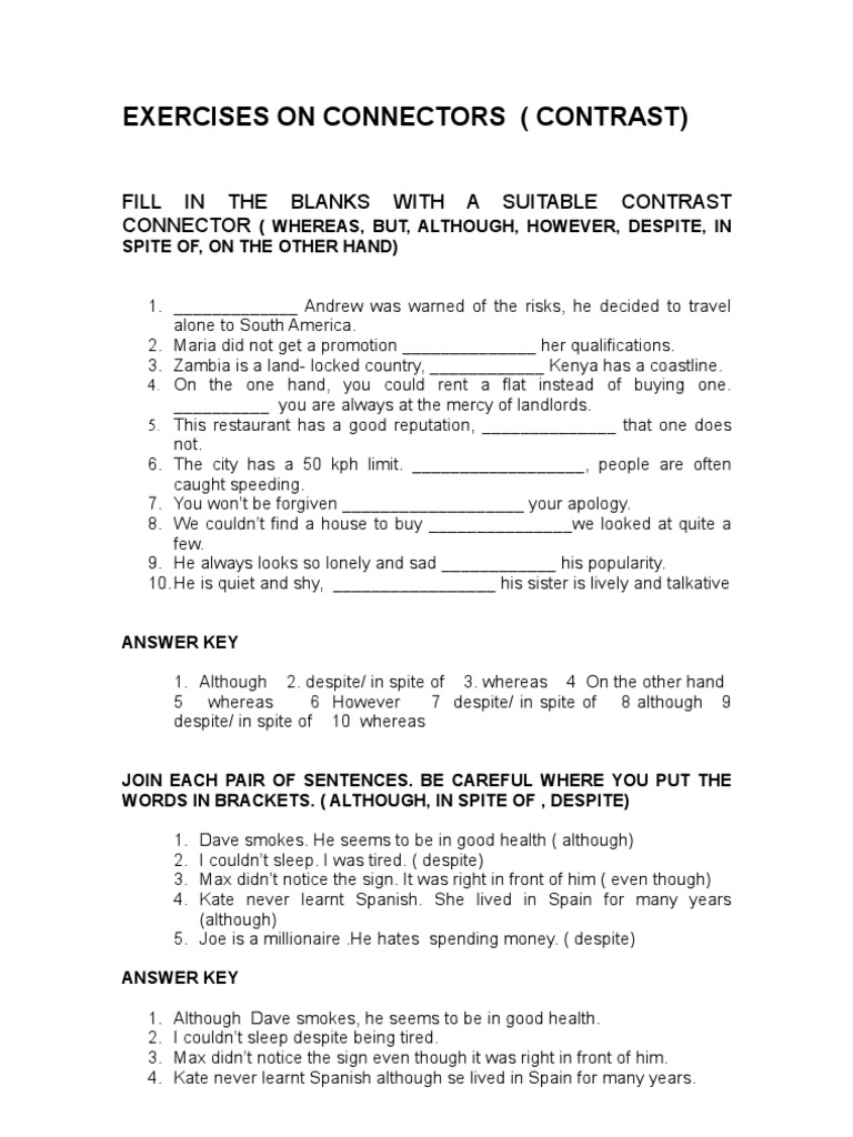 In Spite Of Worksheet Pdf