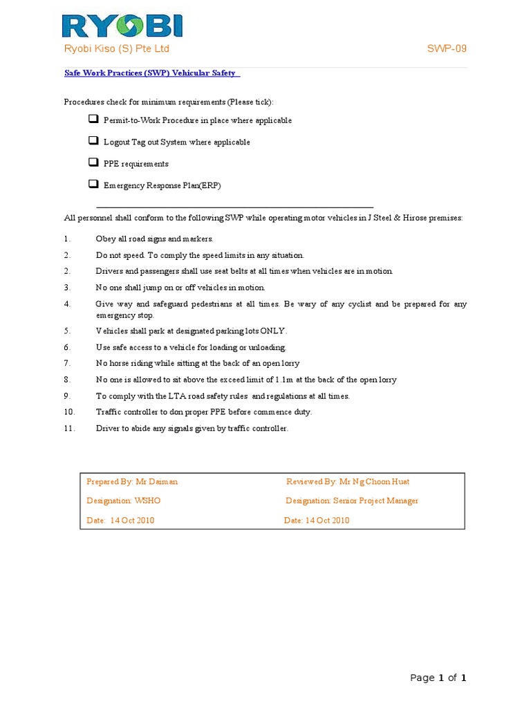 Vehicular Safety SWP Guidelines | PDF