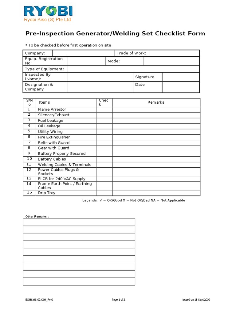 EOHSMS02C09_Rv 0 Pre Inspection Generator_Welding Checklist