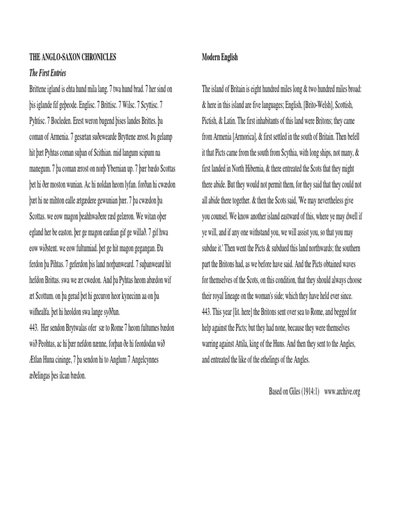 Anglo Saxon Chronicle First Entries PDF Picts Celtic Britons
