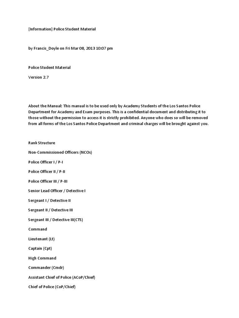 LSPD Academy Student Manual | PDF | Question | Test (Assessment)