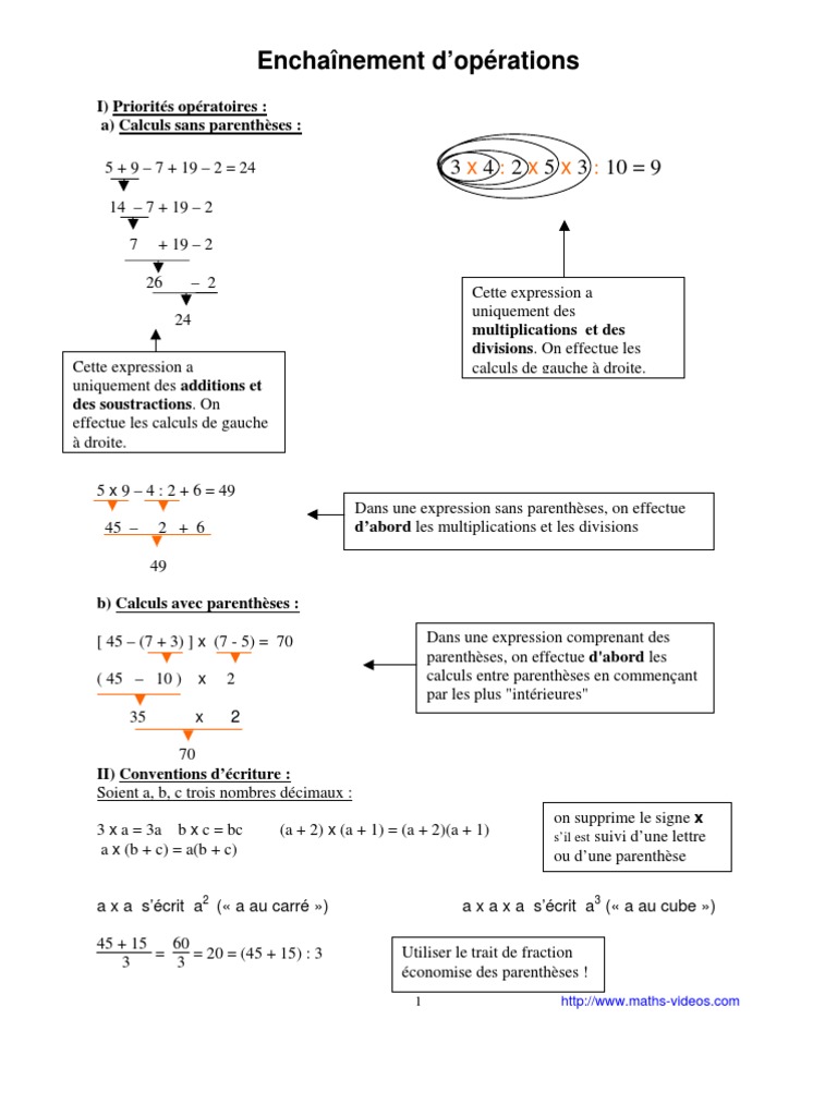 enchaînement d'opérations (5ème) | Multiplication | Nombre