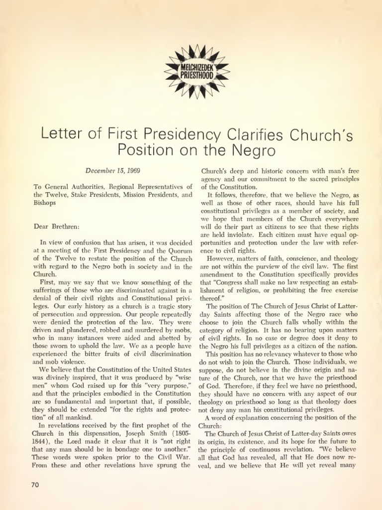 Letter of First Presidency Clarifies Church's Position On The Negro