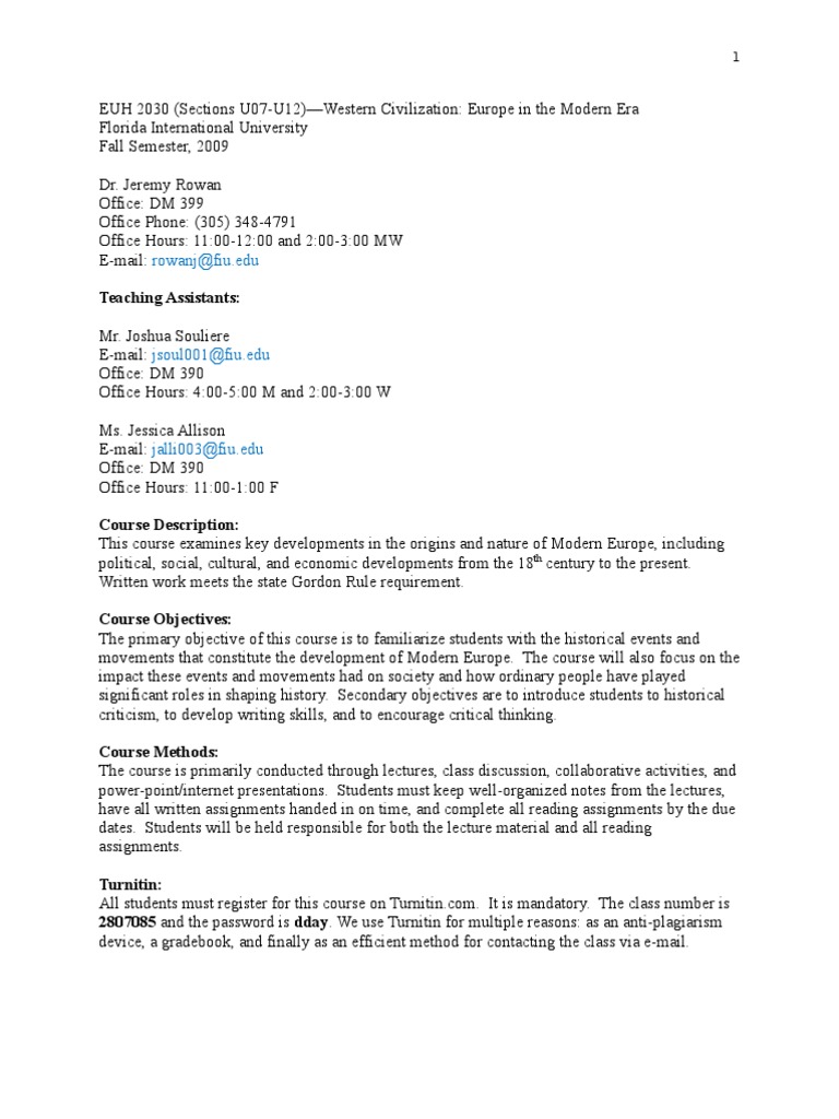 EUH 2030 Fall 09 Syllabus | PDF | Academic Dishonesty | Test (Assessment)