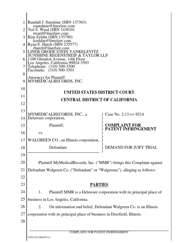MyMedicalRecords v. Walgreen | Medical Prescription | Patent