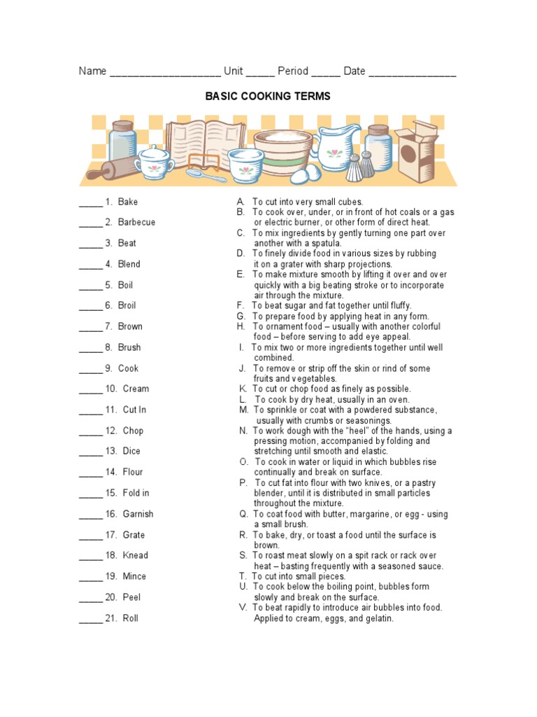 Cooking Terms  PDF  Dough  Cooking Pertaining To  Basic Cooking Terms Worksheet