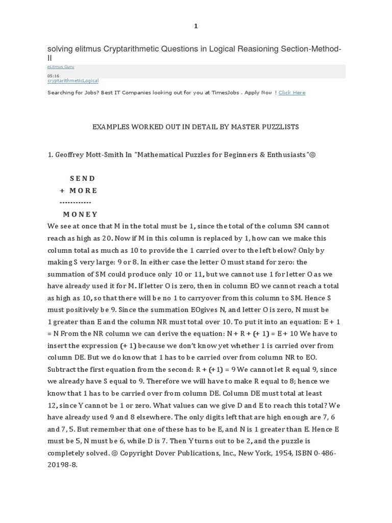 Solving Elitmus Cryptarithmetic Questions in Logical Reasioning 